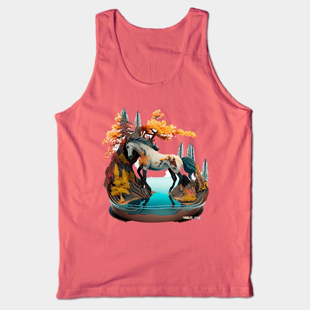 Autumn Lake White Horse Marching Tank Top by Amour Grki